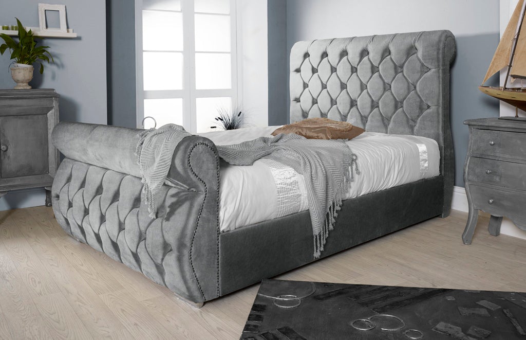 Gray suede store bed frame